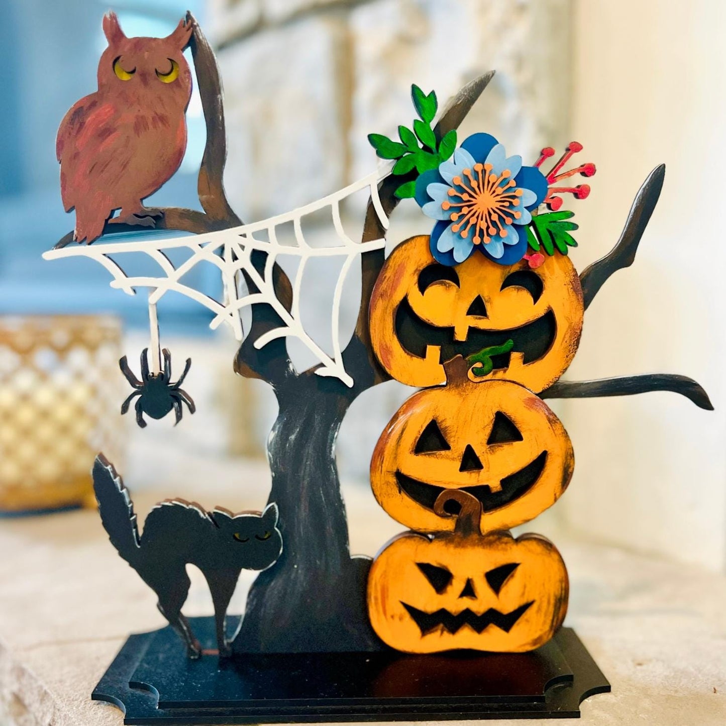 Hand Painted Spooky Tree with Pumpkins, 3D Painted MDF Halloween Craft, Halloween Decor, Hand Painted Halloween Decor, Free Stand Shelf Sit