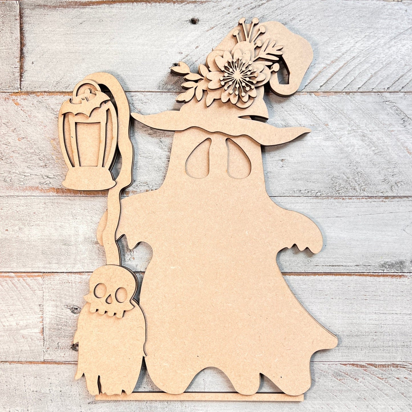 Ghost with Broomstick and Lantern, 3D Unfinished MDF Halloween Craft, Halloween Decor, Paint Party Kit, Shelf Sitter (11.4" x 8.5")