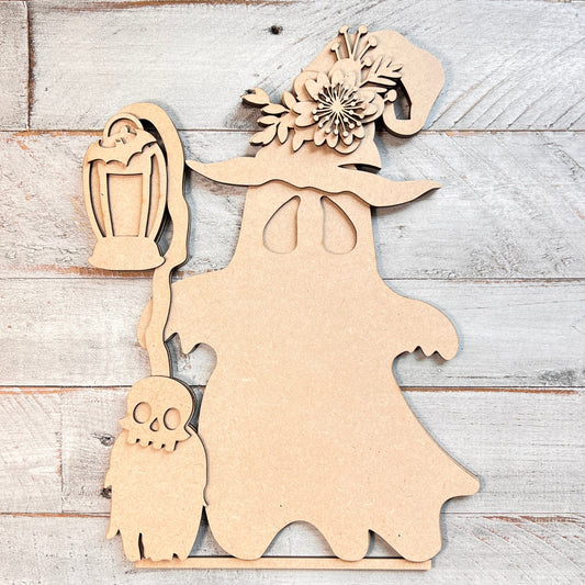 Ghost with Broomstick and Lantern, 3D Unfinished MDF Halloween Craft, Halloween Decor, Paint Party Kit, Shelf Sitter (11.4" x 8.5")