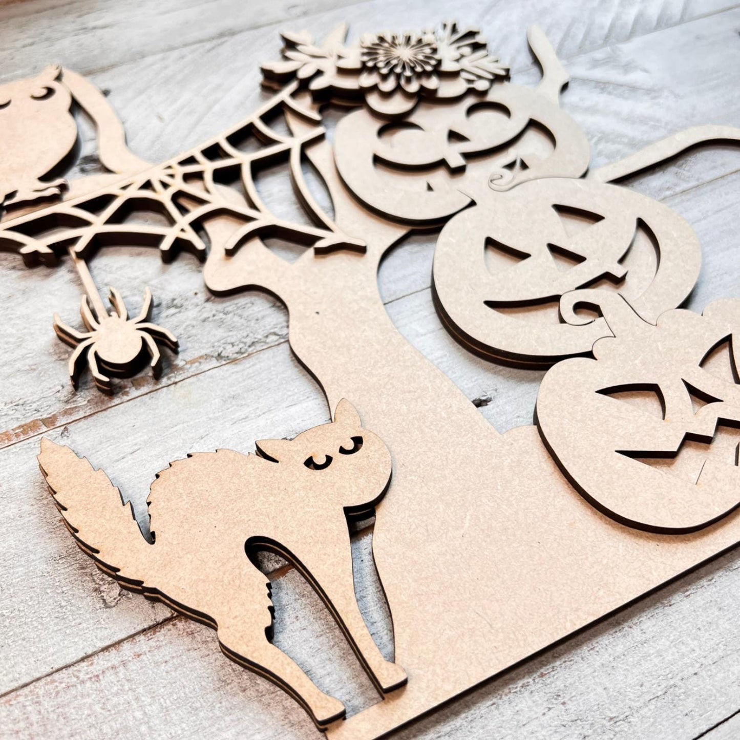 Spooky Tree with Stacked Pumpkins, 3D Unfinished MDF Halloween Craft, Halloween Decor, Halloween Paint Party Kit, Shelf Sitter