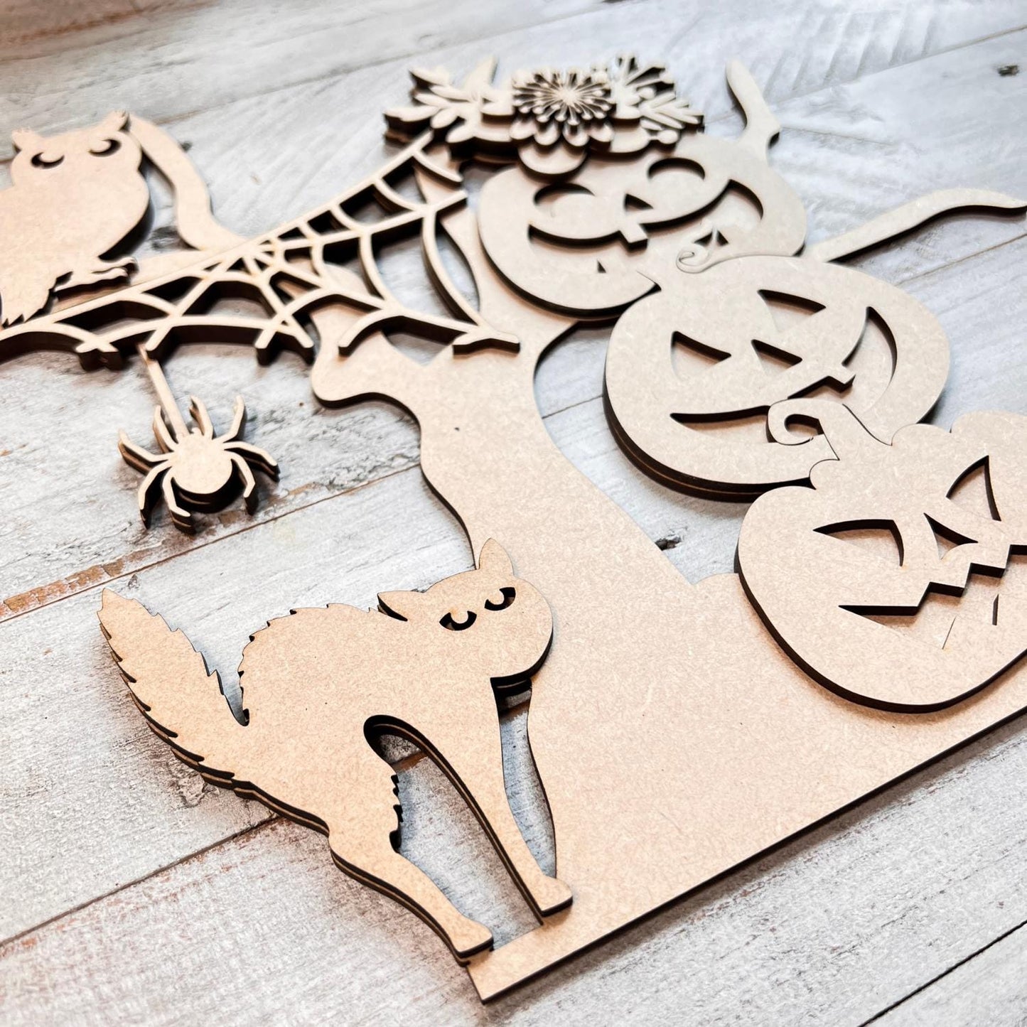 Spooky Tree with Stacked Pumpkins, 3D Unfinished MDF Halloween Craft, Halloween Decor, Halloween Paint Party Kit, Shelf Sitter