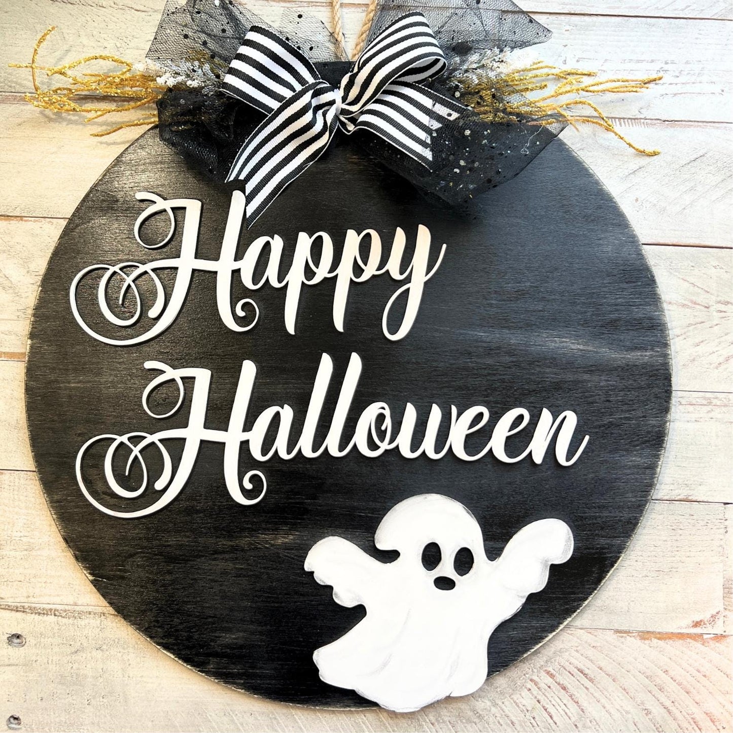 Black and White Halloween Door Hanger | Happy Halloween Sign