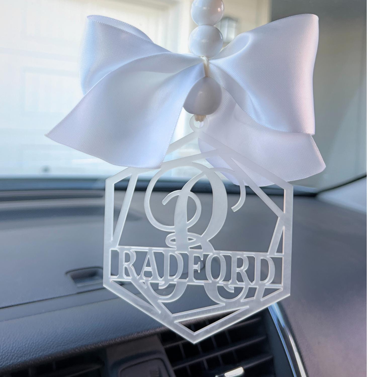 Personalized Monogram Car Charm | Rearview Mirror Ornament | Ribbon & Bead Car Charm | Vehicle Mirror Hanger | Car Accessories | Bag Charms
