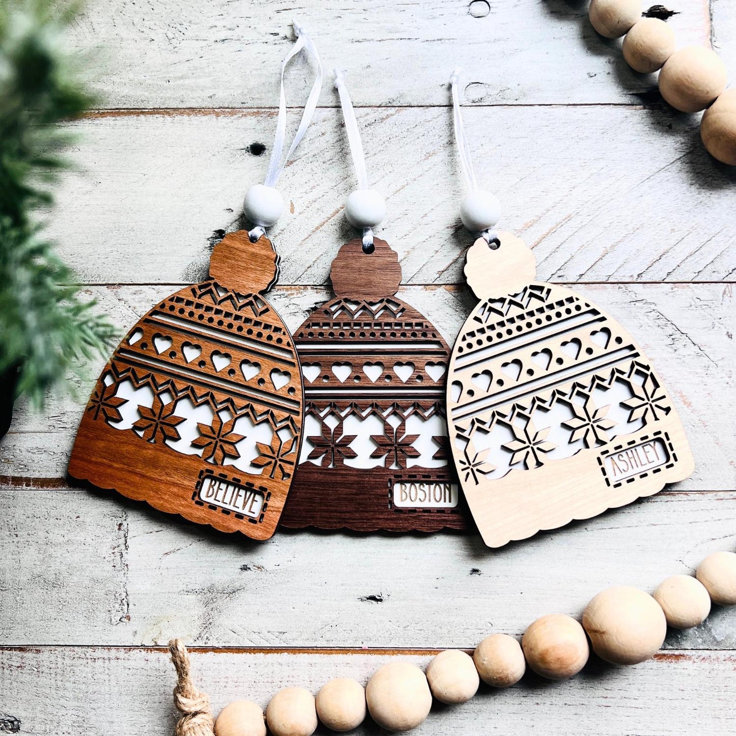 Personalized Beanie Ornament with Name – Winter Hat Ornaments | Custom Holiday Wood Decoration | Made in USA
