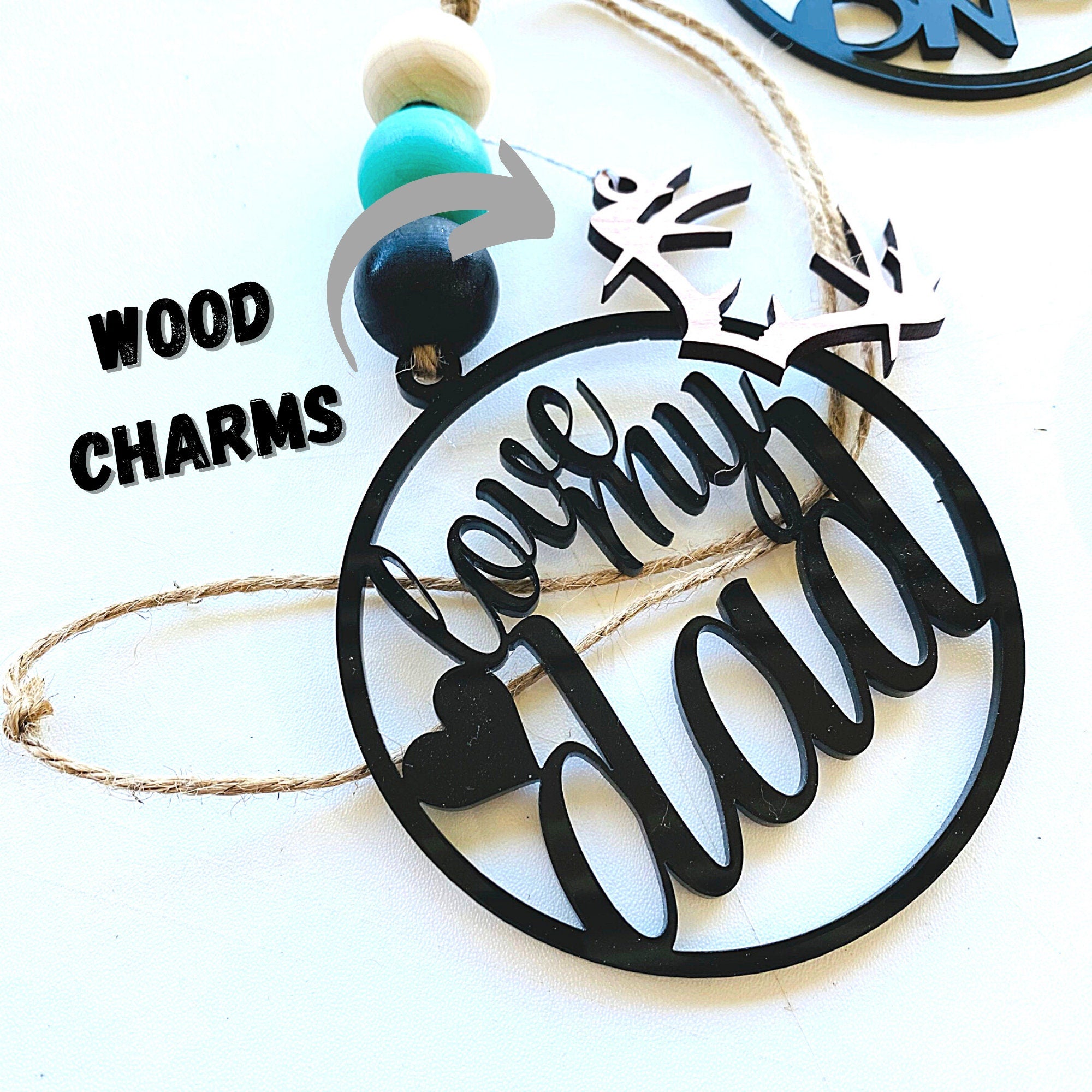 Personalized Dad Car Charm, Boho Acrylic, Monogram, Beaded Car Charm, Vehicle Mirror Hanger, Car Accessories, Custom, Buck, Antlers, Saw