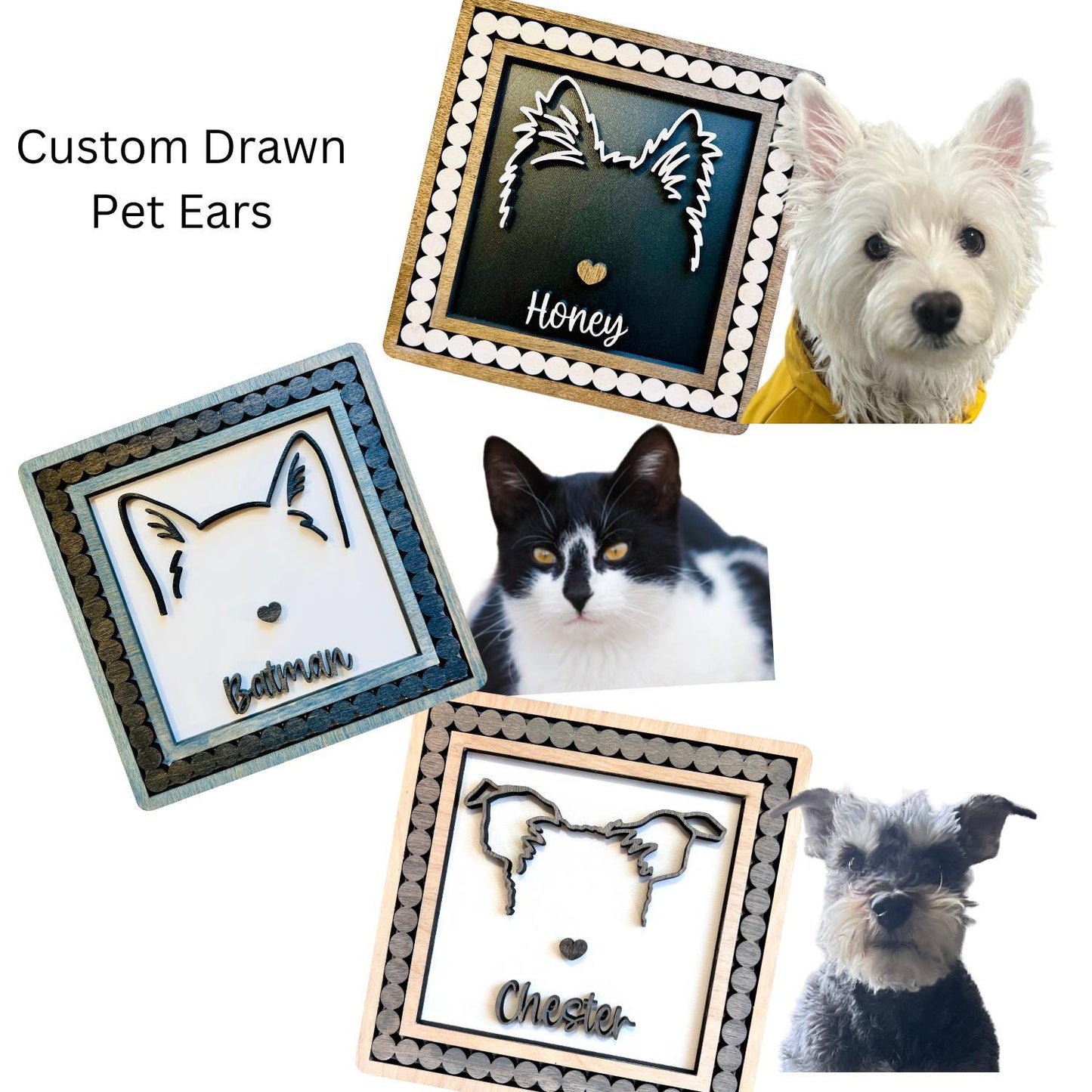 Custom Drawn Pet Ear Sign With Beaded Frame