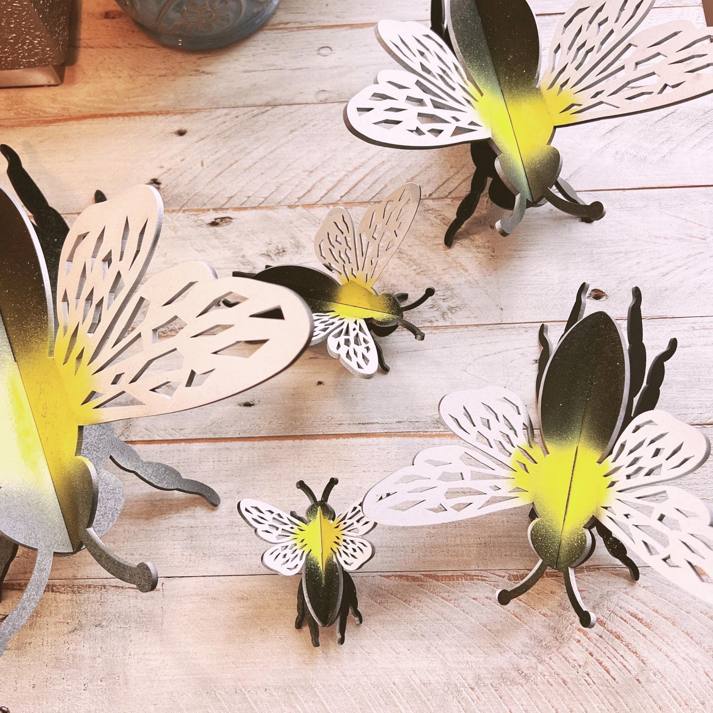 3D Bumble Bees, Freestanding Insects Wood Cutouts, Bumblebee Bugs, Garden Bugs, Bee Shelf Sitter, Set of 5