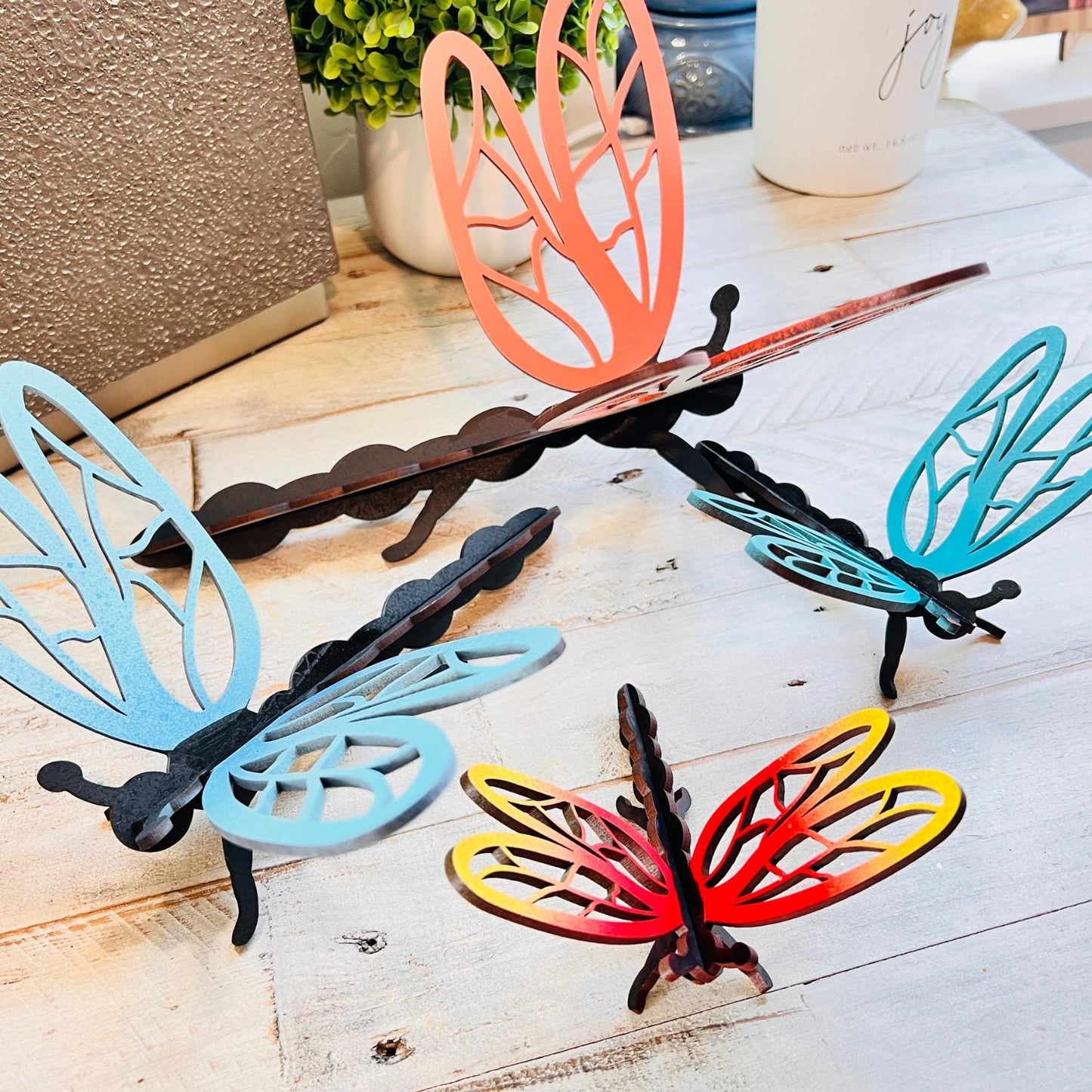 3D Dragonfly Insect, Freestanding Bug, Table Top Dragonfly Decor, Dragonfly Garden Decor, Unfinished Craft Wood Shapes, Set of 4