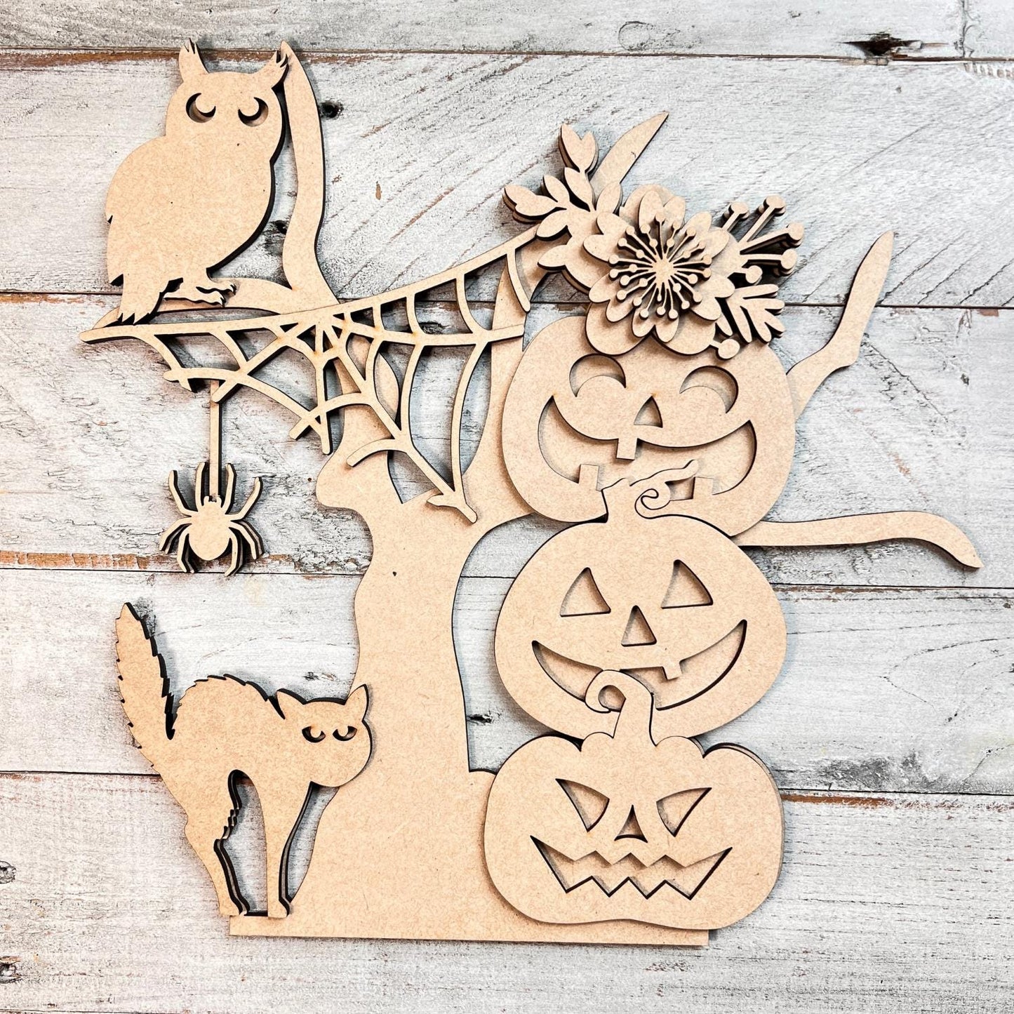 Spooky Tree with Stacked Pumpkins, 3D Unfinished MDF Halloween Craft, Halloween Decor, Halloween Paint Party Kit, Shelf Sitter