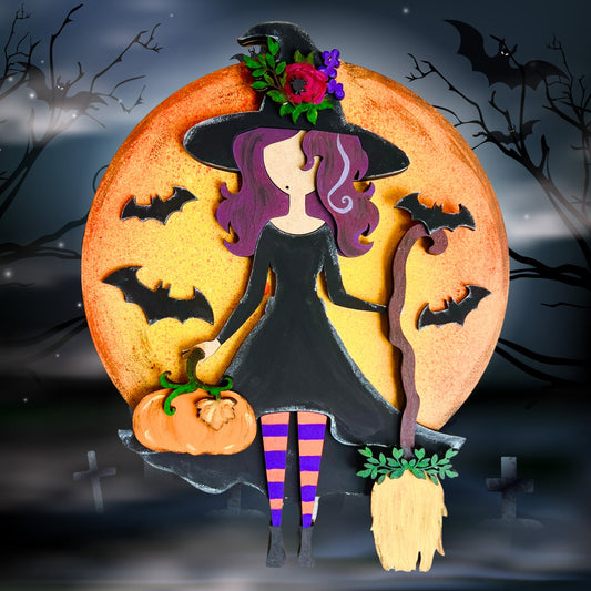 Hand Painted Cute Witch with Broomstick and Moon, 3D Painted MDF Halloween Craft, Halloween Decor, Hand Painted Halloween Decor