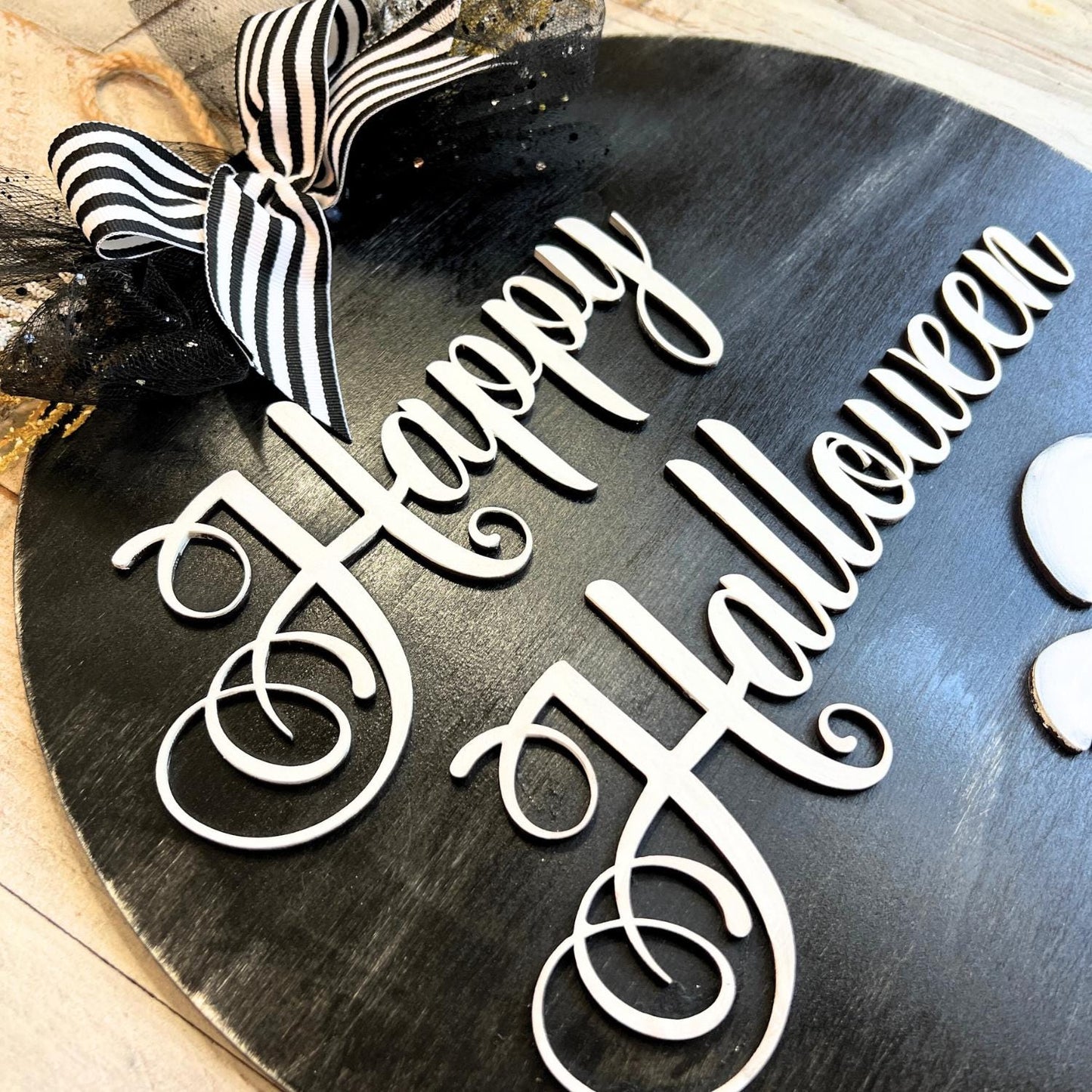 Black and White Halloween Door Hanger | Happy Halloween Sign