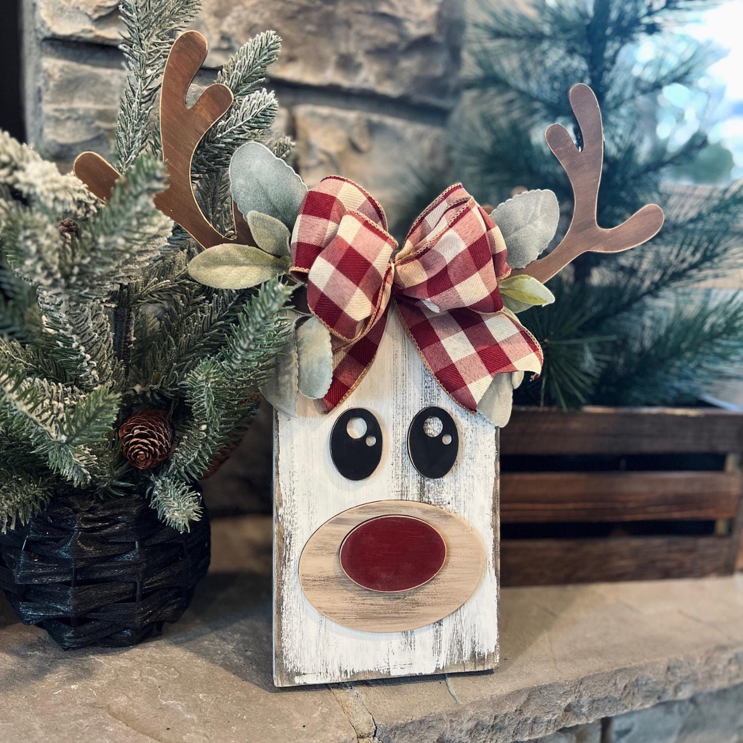 Sets of 2 or 5, Wood Reindeer Face with Ears, Christmas Deer Decorations, Wooden Antlers