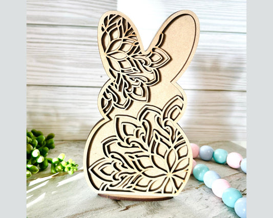 Mandala Floral Bunny with Stand | 2 Layer Easter Bunny Decor | Layered Wood Art | Mandala Rabbit | Easter Bunny with Flowers | Easter Decor