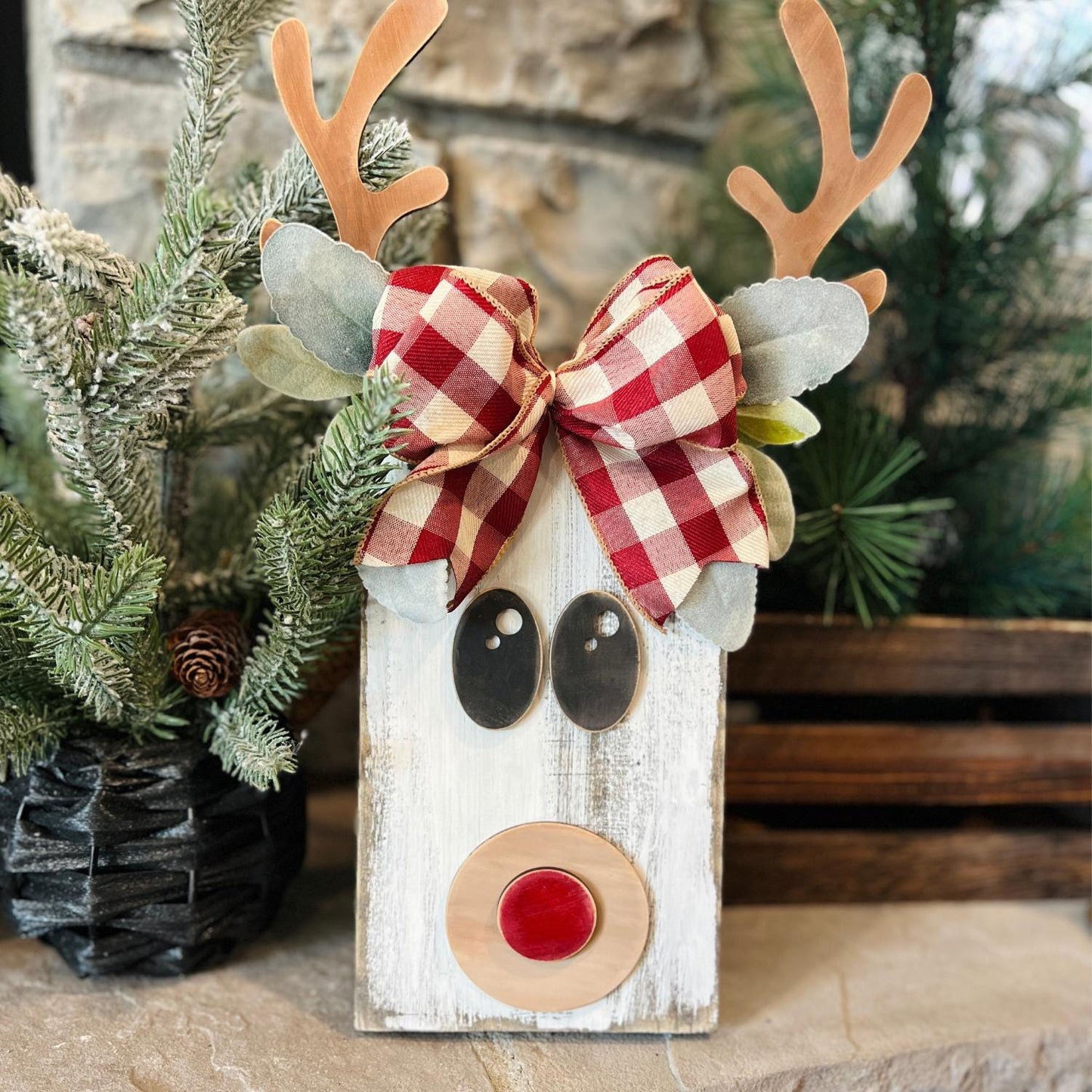 Sets of 2 or 5, Wood Reindeer Face Round Nose, Christmas Deer Decorations, Wooden Antlers