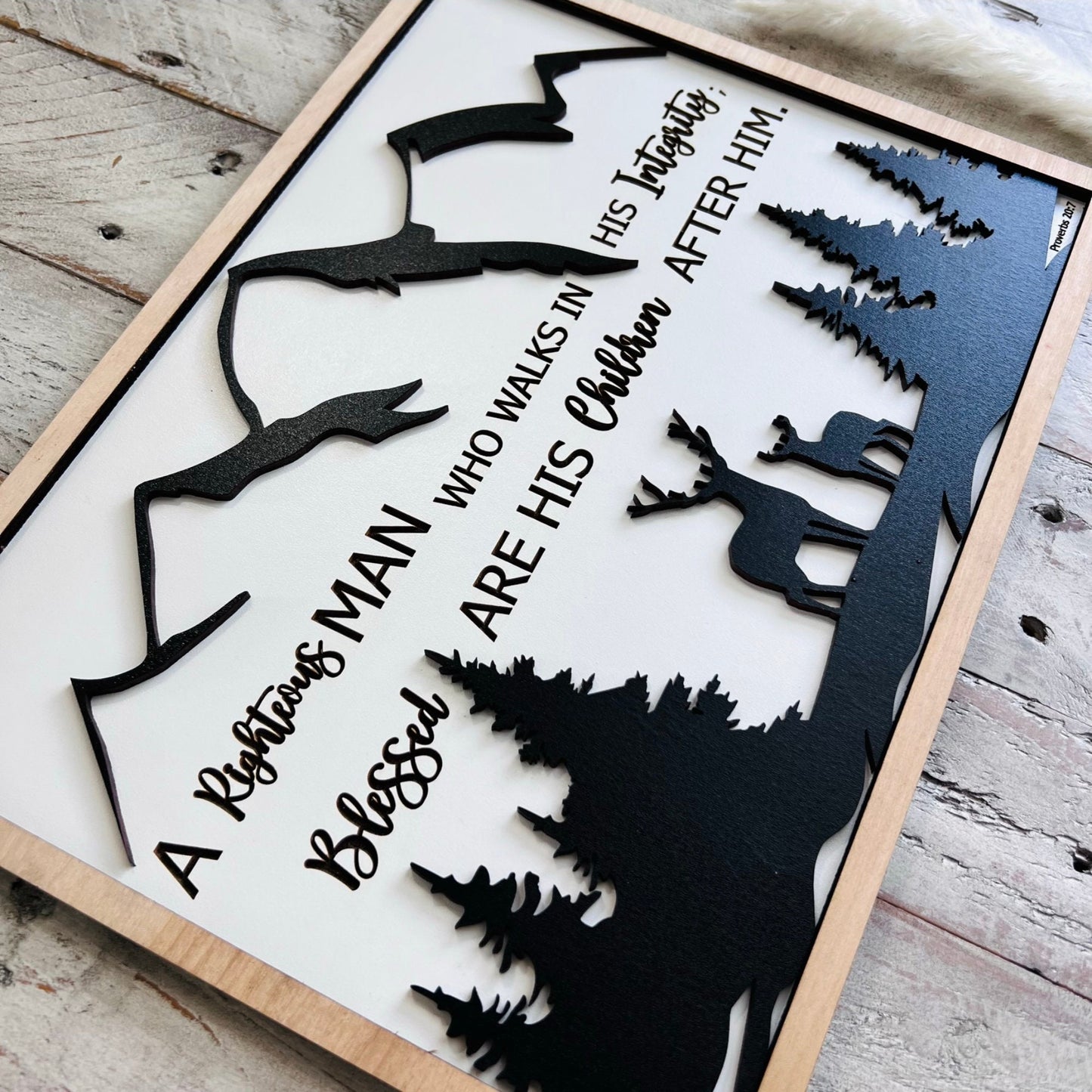Dad Sign | Gift for Dad | Outdoor Dad Gifts | Bible Verse Sign | Proverbs 20:7 | Mountain Scene with Deer Sign | Christian Dad Sign