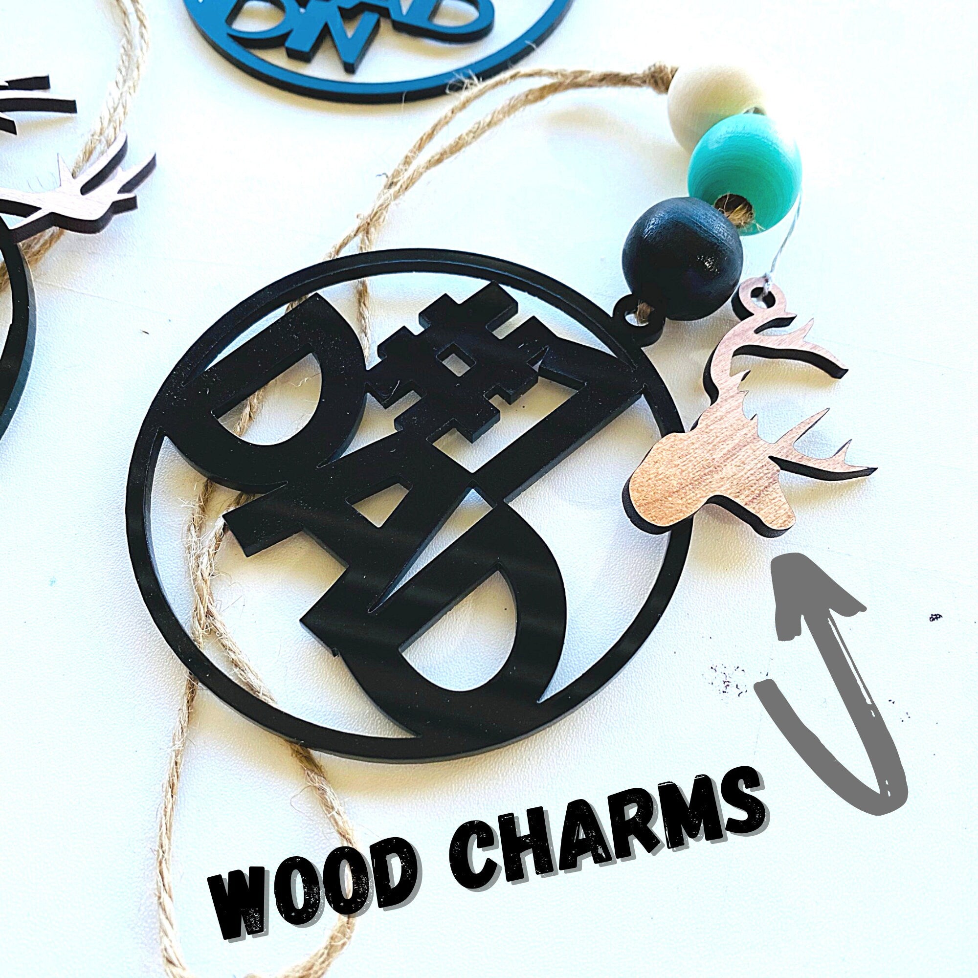 Personalized Dad Car Charm, Boho Acrylic, Monogram, Beaded Car Charm, Vehicle Mirror Hanger, Car Accessories, Custom, Buck, Antlers, Saw