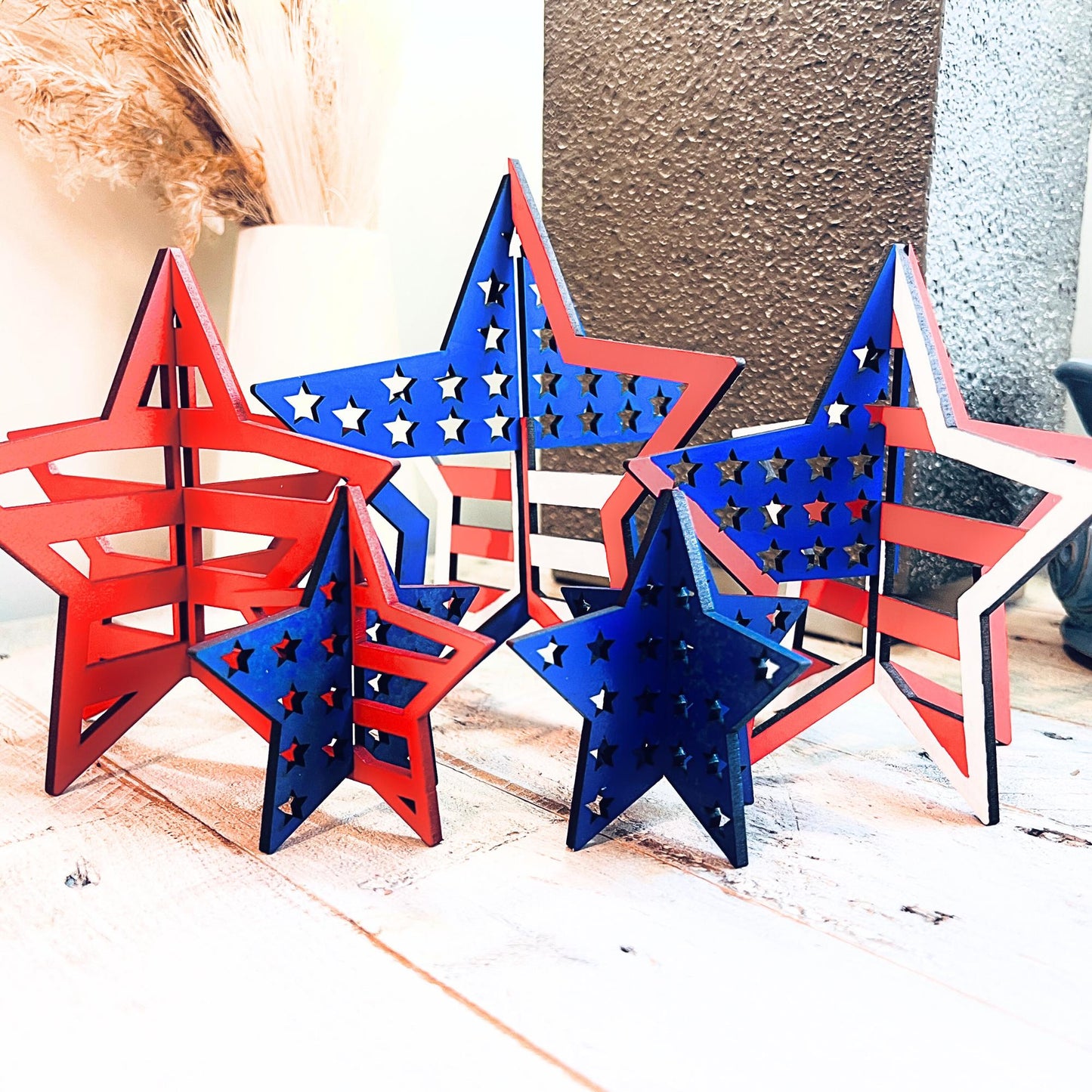 3D Patriotic Stars, Freestanding Stars, Table Top 4th of July, Shelf Sitter Stars,  Cute Star Crafts, Unfinished Craft Wood Shapes, Set of 5
