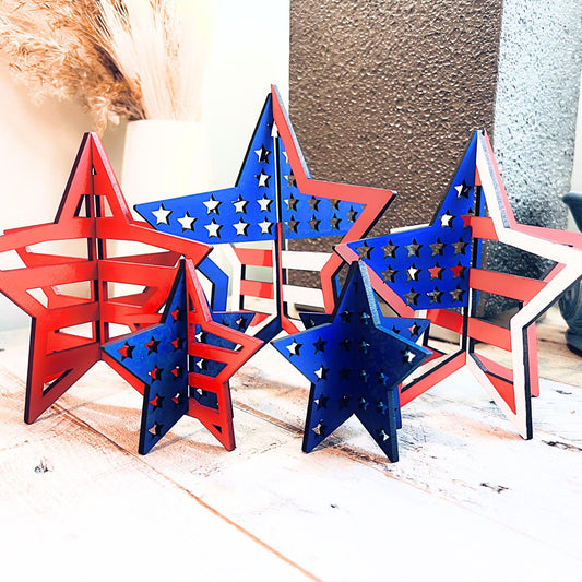 3D Patriotic Stars, Freestanding Stars, Table Top 4th of July, Shelf Sitter Stars,  Cute Star Crafts, Unfinished Craft Wood Shapes, Set of 5