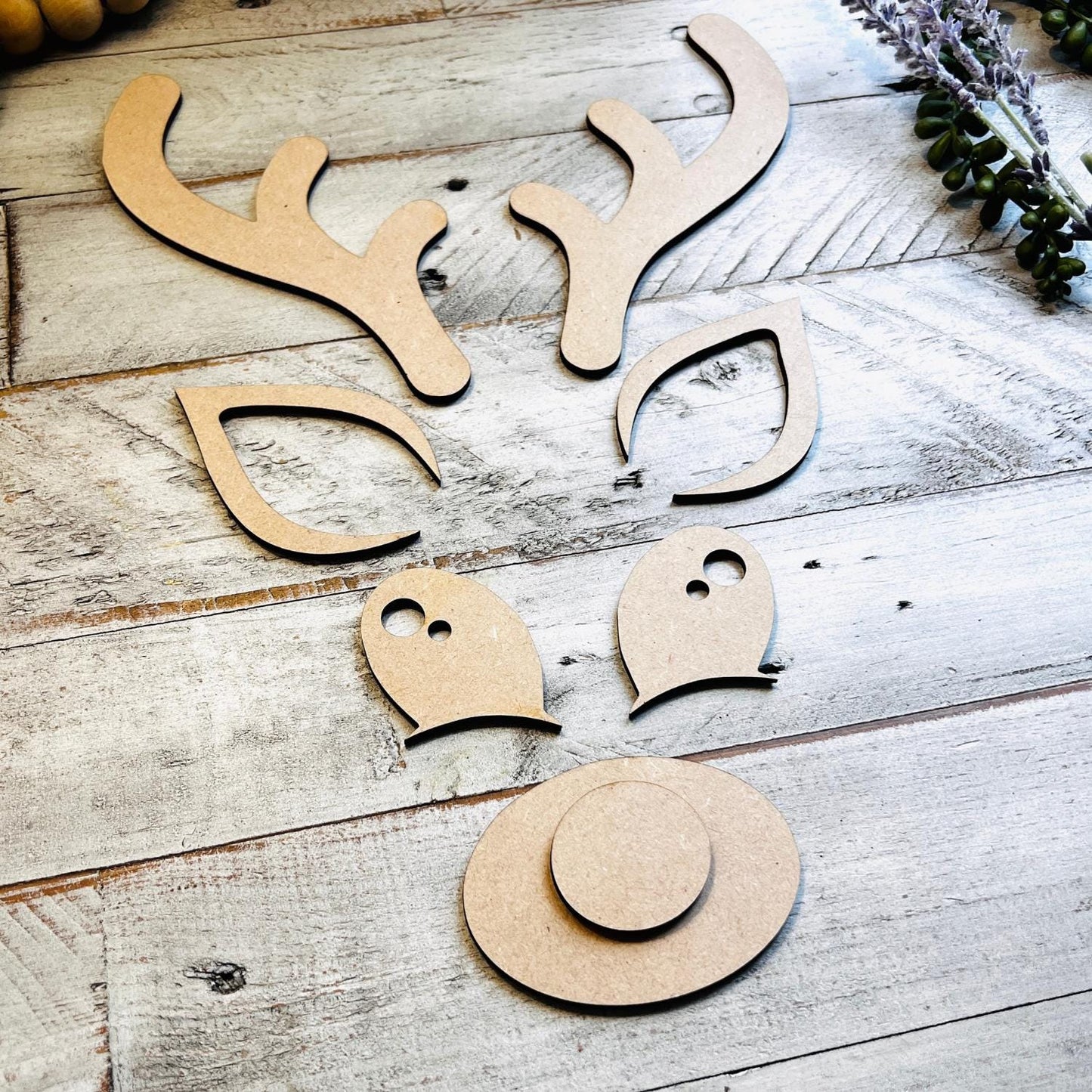 Sets of 2 or 5, Wood Reindeer Face with Ears, Christmas Deer Decorations, Wooden Antlers