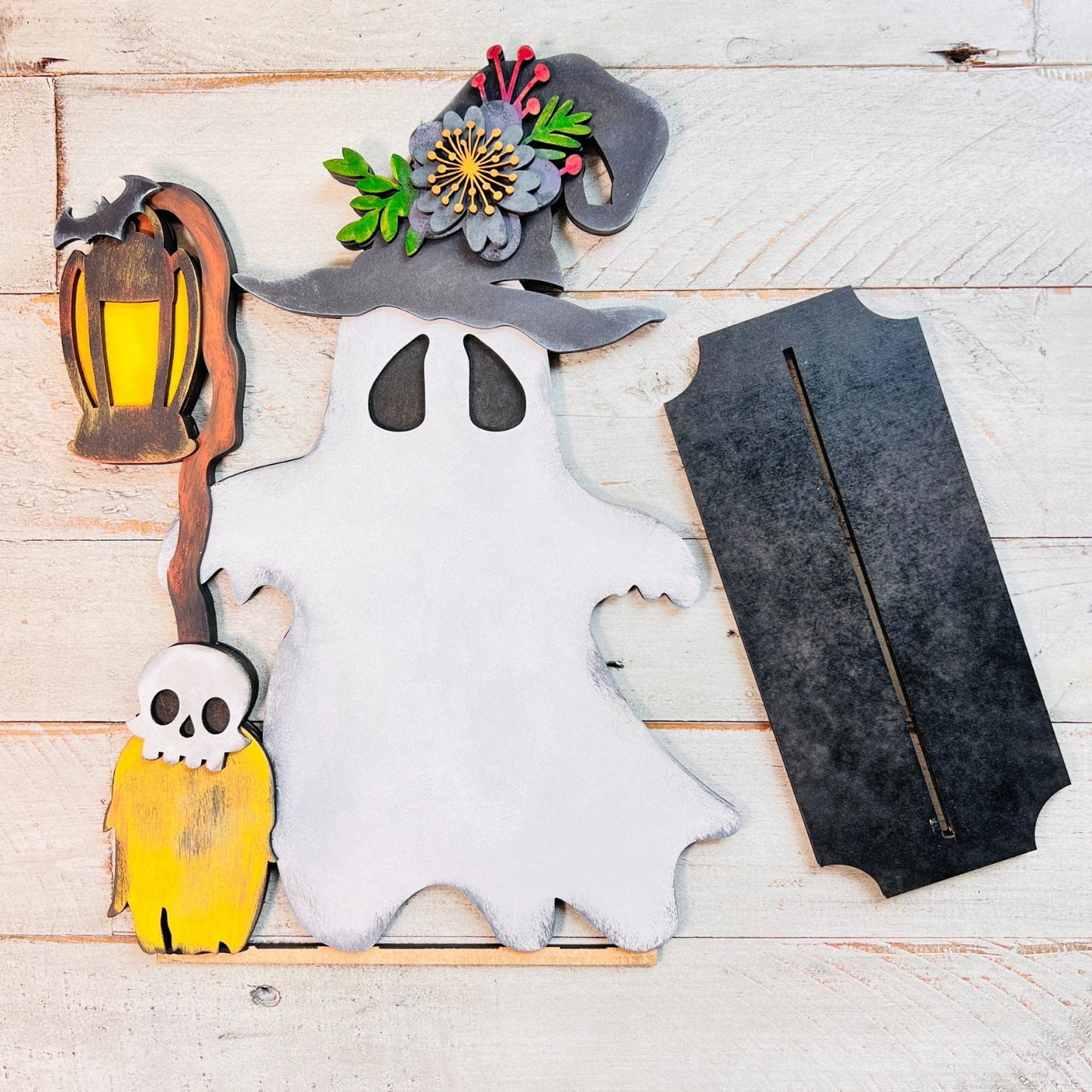 Hand Painted Ghost with Broomstick and Lantern, 3D PAINTED MDF Halloween Craft, Halloween Decor, Shelf Sitter (11.4" x 8.5")