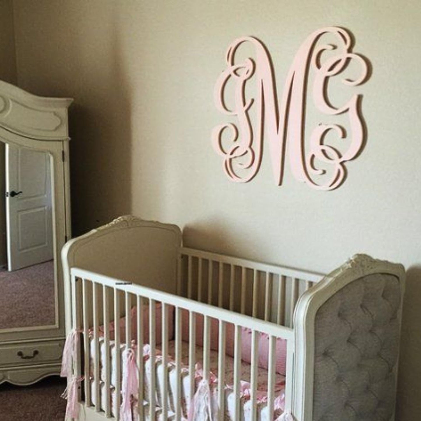 Painted and Stained Wedding Monogram, Nursery Crib Sign, Baby Shower Gift, Wedding Decor, Bedroom Wall Monogram, 3 Letter Vine Monogram Sign