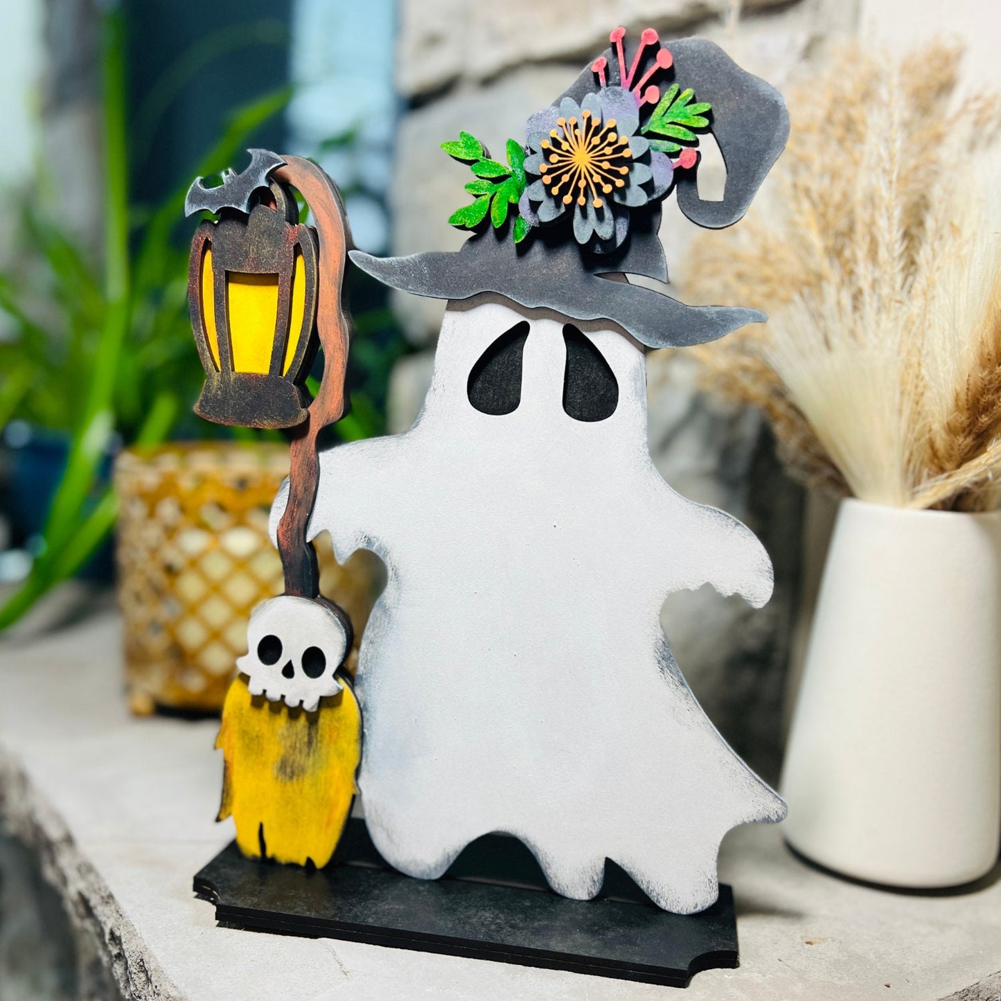 Ghost with Broomstick and Lantern, 3D Unfinished MDF Halloween Craft, Halloween Decor, Paint Party Kit, Shelf Sitter (11.4" x 8.5")