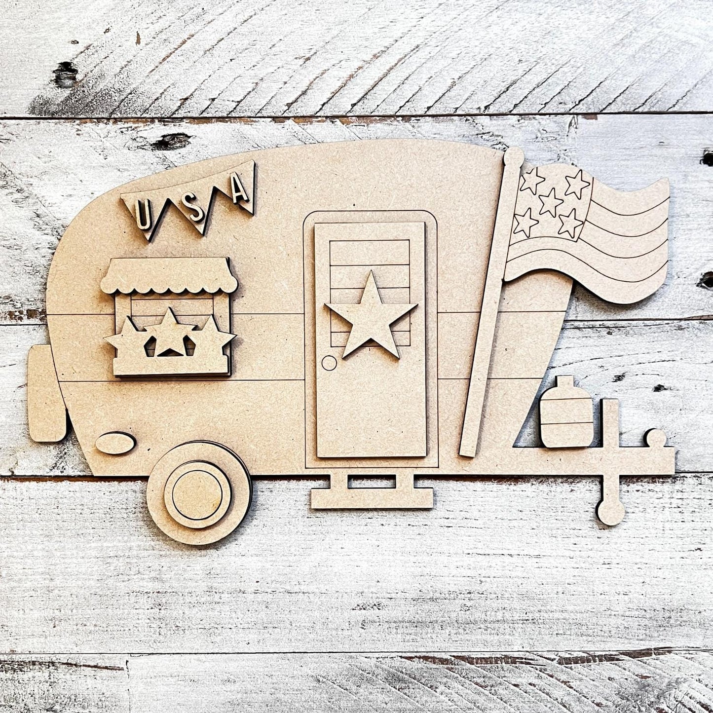 Cute 4th July MDF Camper Kit, Camping RV Door Hanger, Independence Day Travel Trailer, Paint Party Ideas