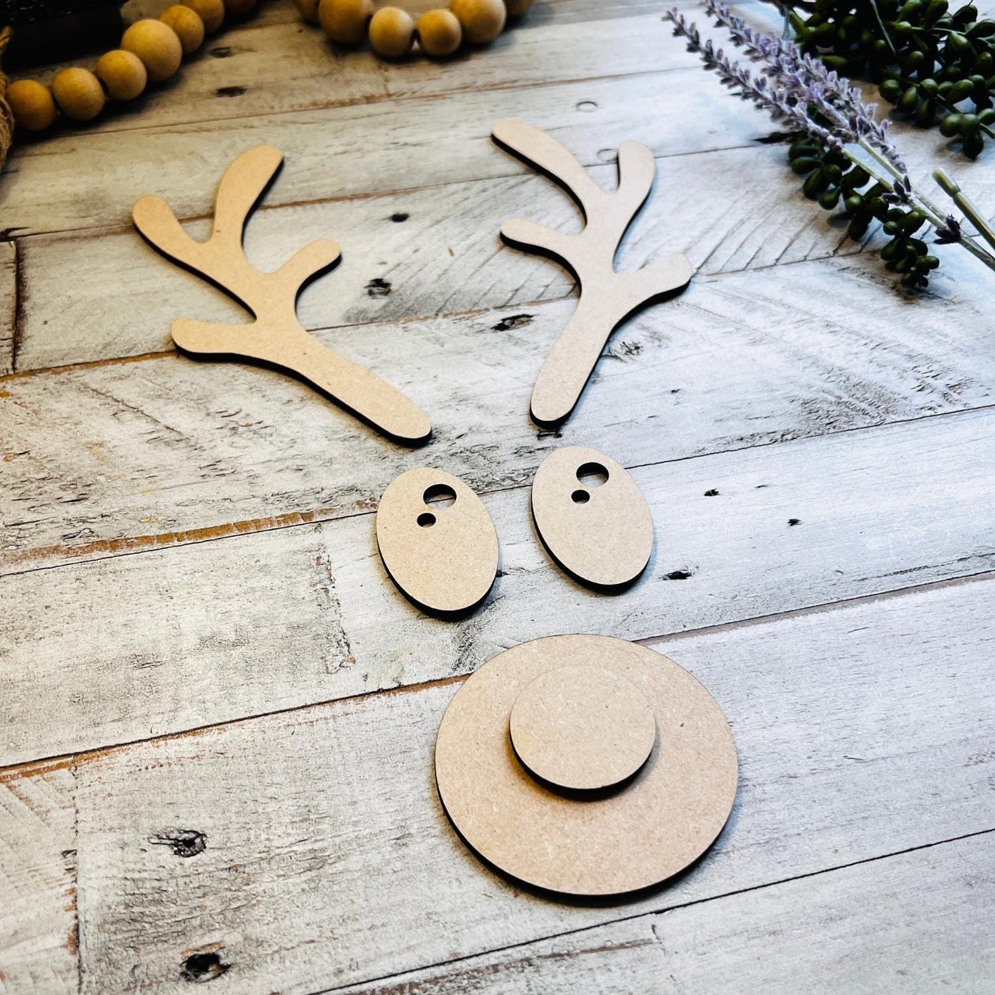 Sets of 2 or 5, Wood Reindeer Face Round Nose, Christmas Deer Decorations, Wooden Antlers