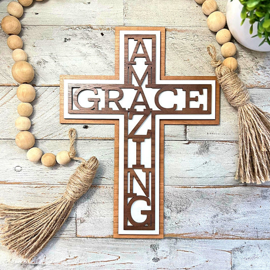 Amazing Grace Wall Cross | 3 Layer Cross Decor | Inspirational Cross