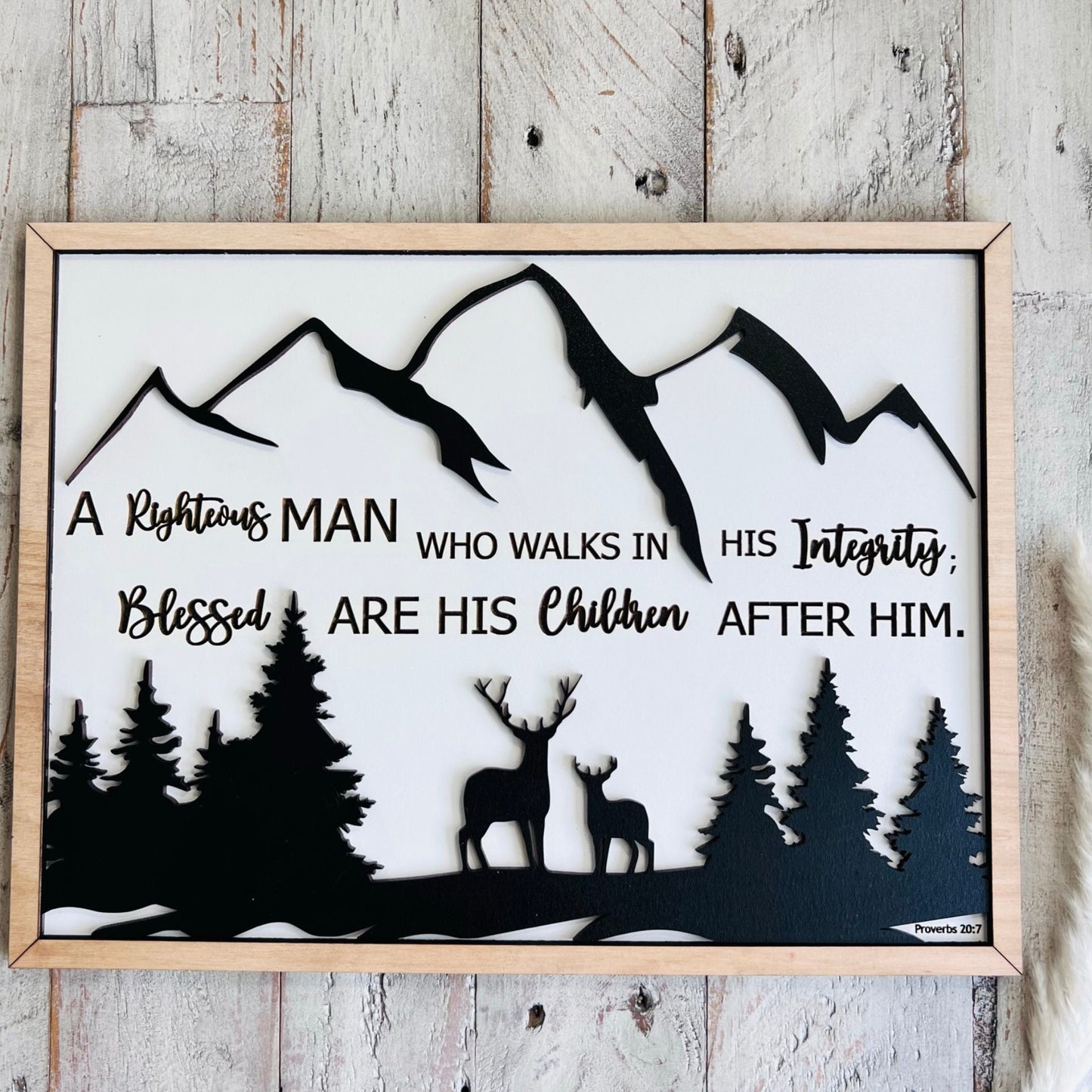 Dad Sign | Gift for Dad | Outdoor Dad Gifts | Bible Verse Sign | Proverbs 20:7 | Mountain Scene with Deer Sign | Christian Dad Sign