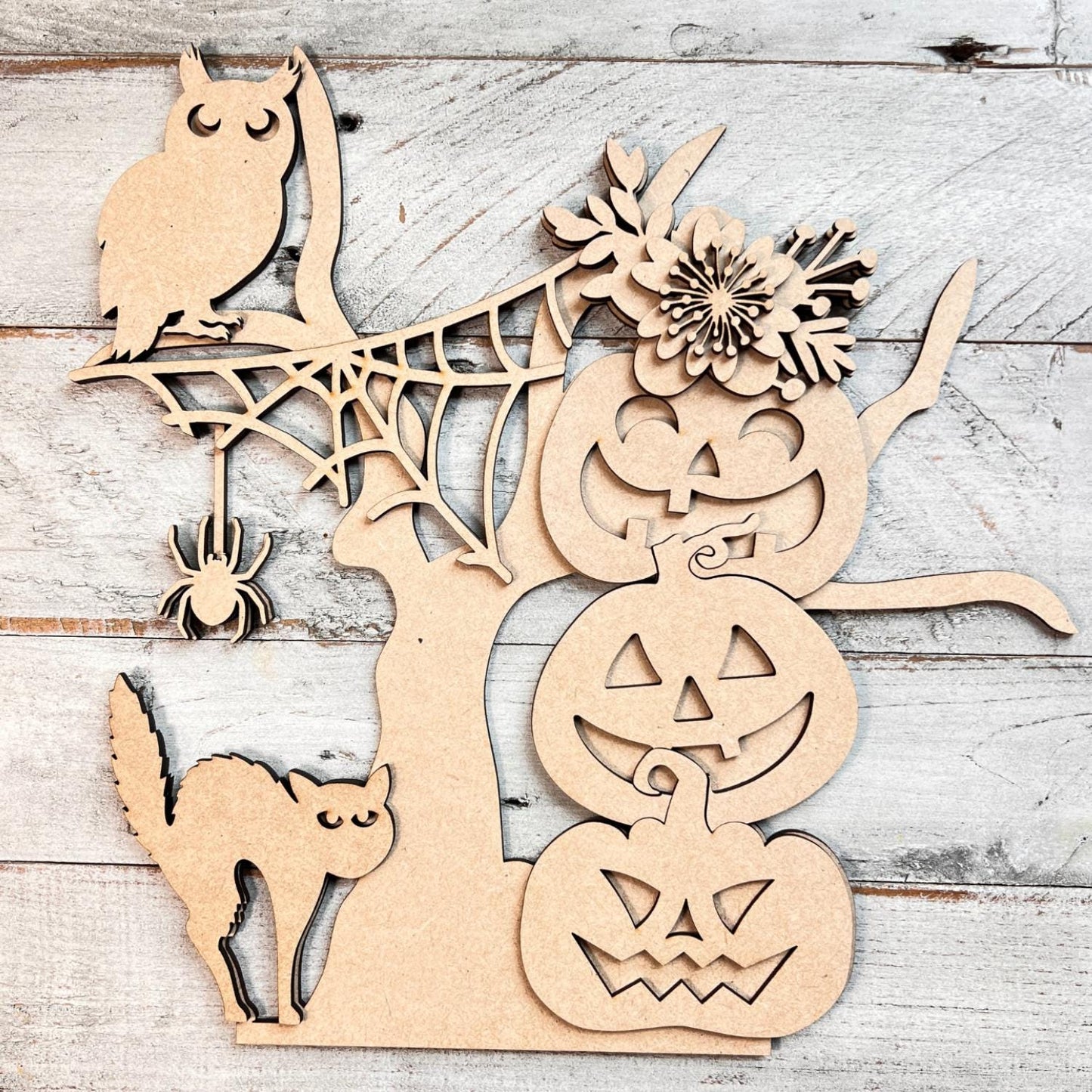 Spooky Tree with Stacked Pumpkins, 3D Unfinished MDF Halloween Craft, Halloween Decor, Halloween Paint Party Kit, Shelf Sitter