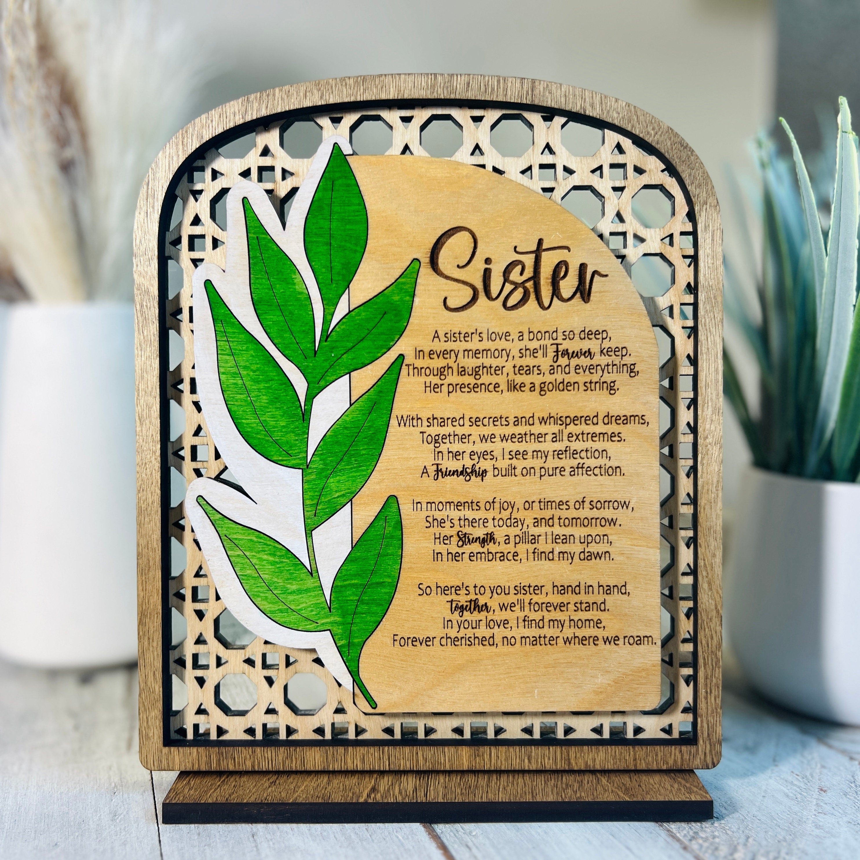Poem Plaque Gifts for Her, Rattan Design with Hand-painted Leaf, A Poem For Every Woman in your Life