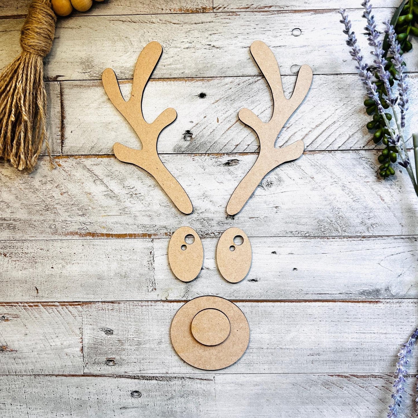 Sets of 2 or 5, Wood Reindeer Face Round Nose, Christmas Deer Decorations, Wooden Antlers