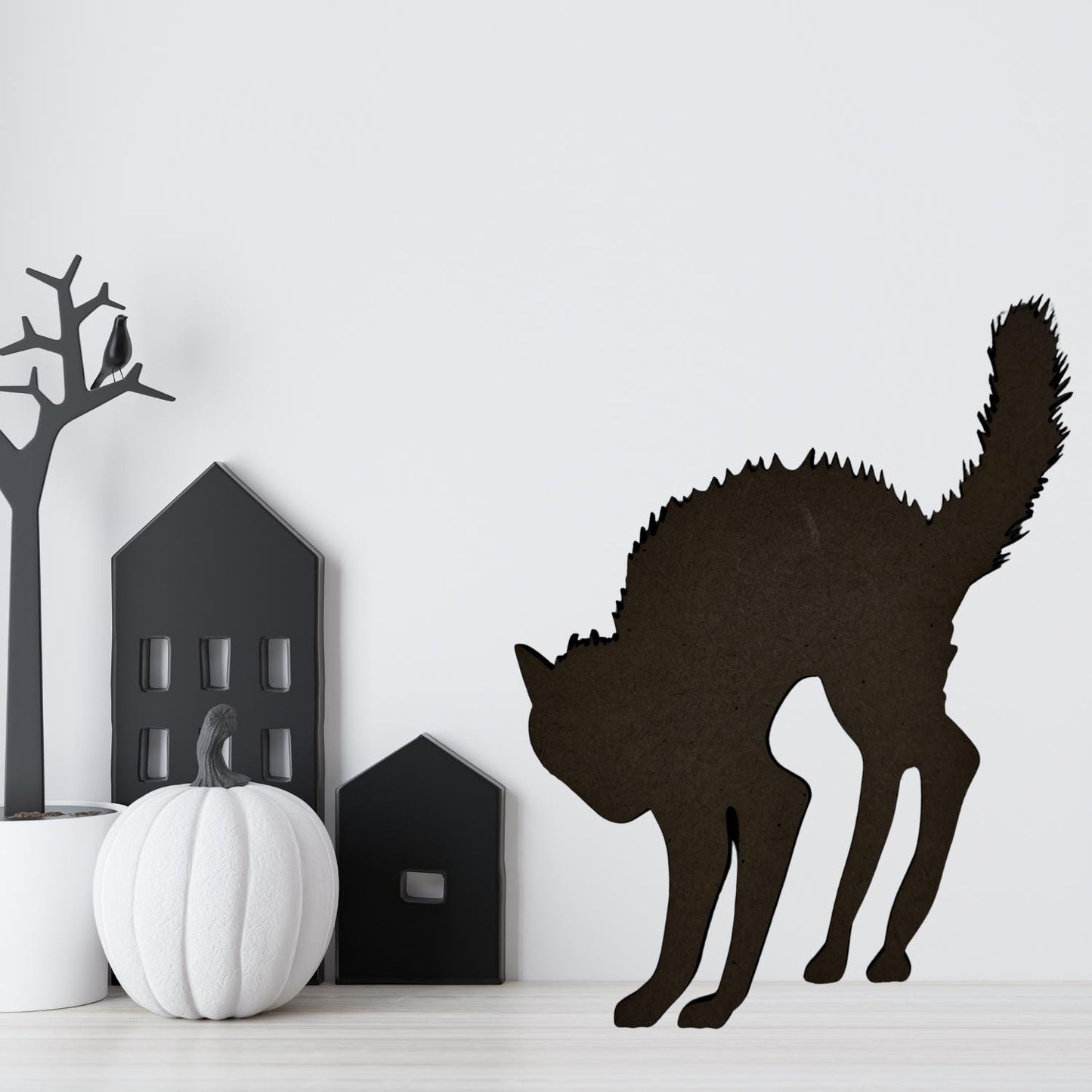Large Halloween Scaredy Cat | Spooky Black Cat Wood Craft Cutout | Halloween Wood Shapes